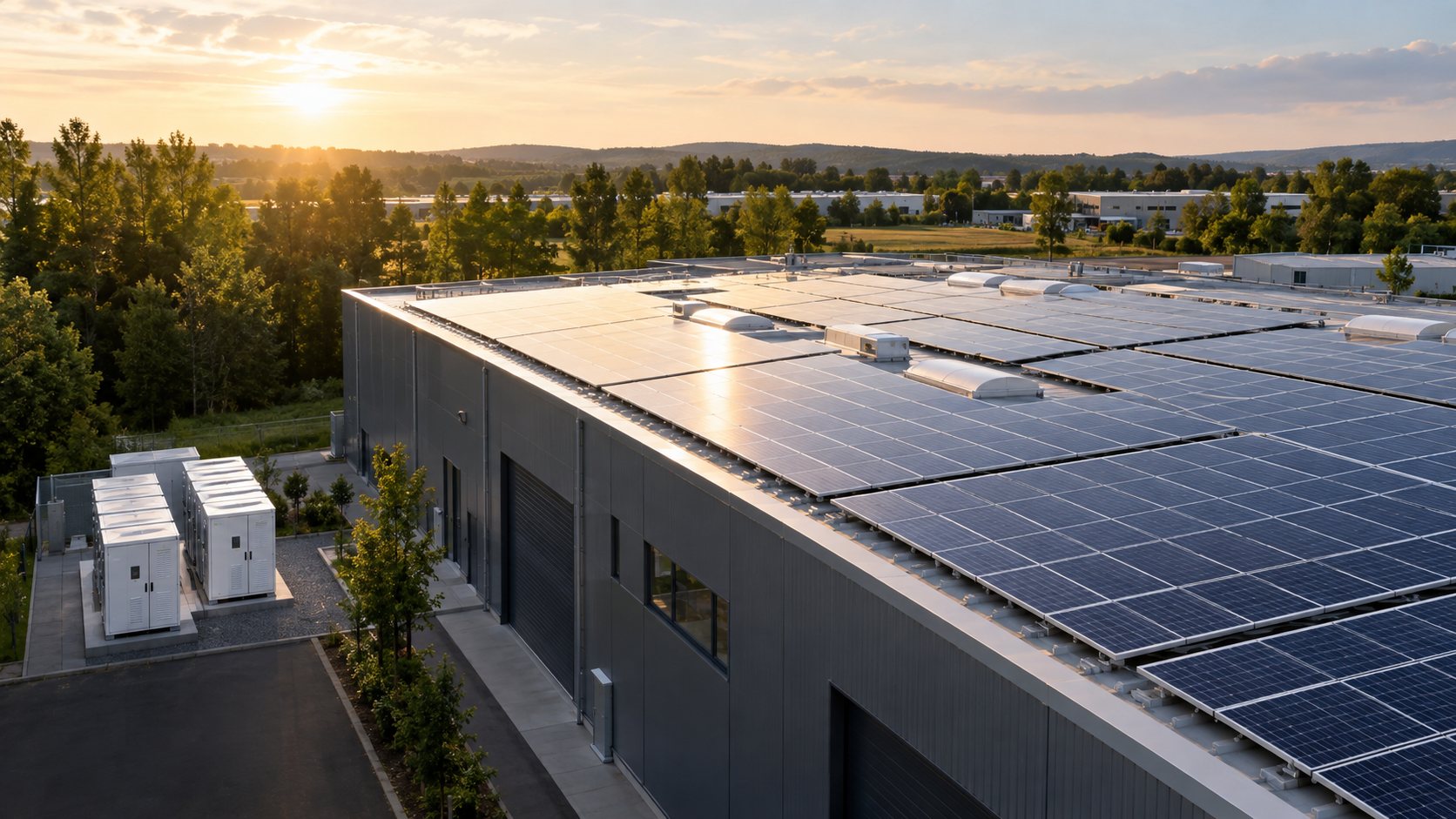 Photovoltaikanlage auf dem Dach eines Gewerbegebäudes mit Batteriespeichern
