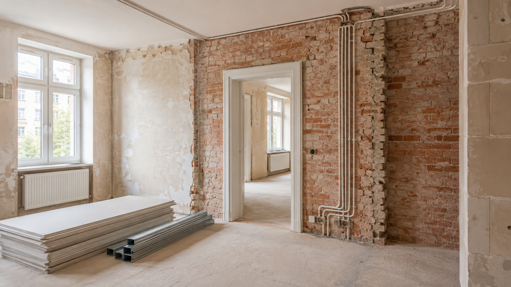 Altbau während der Sanierung mit freigelegtem Mauerwerk und neuen Bauelementen