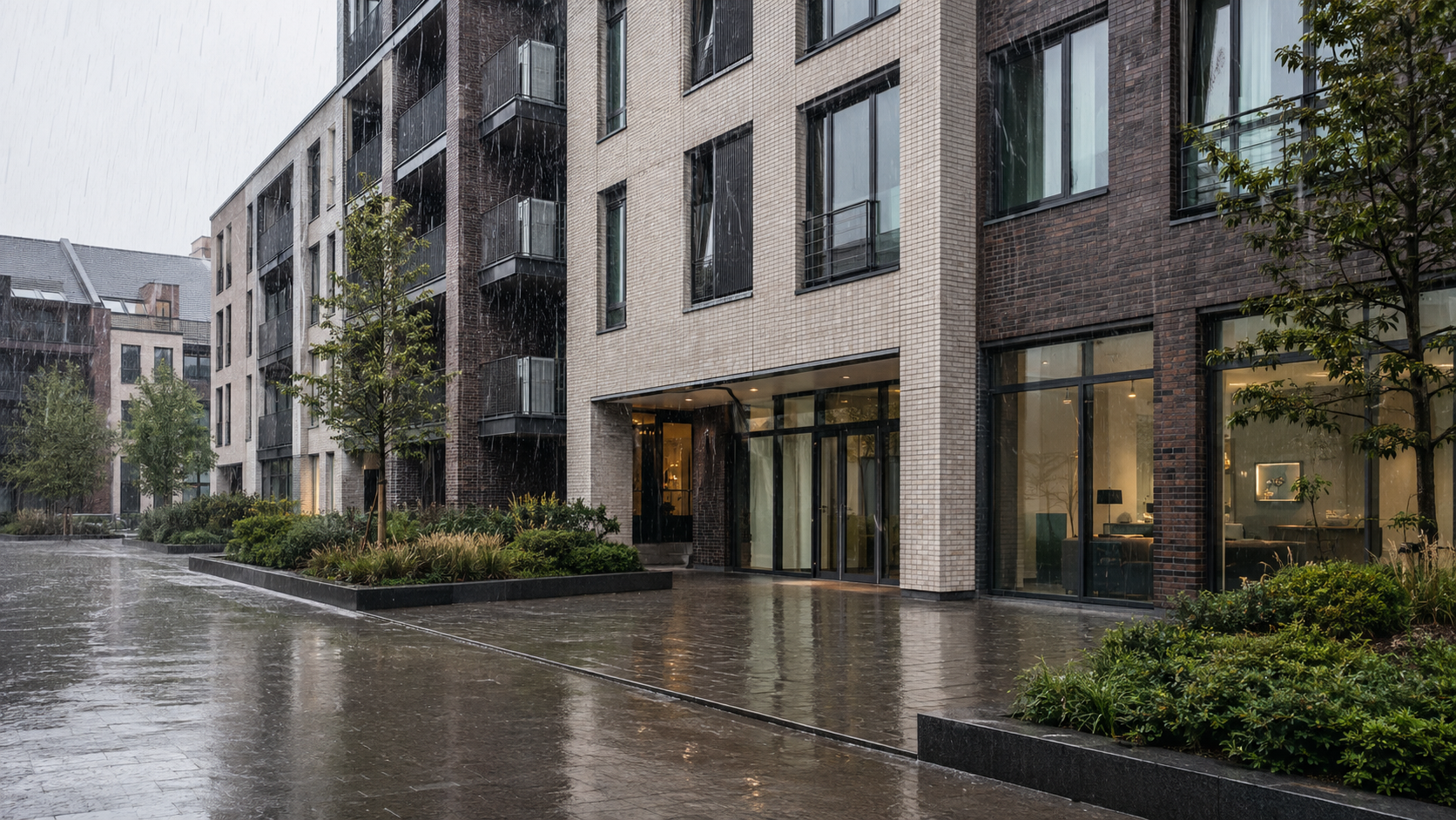 Wohn- und Gewerbegebäude bei Regen mit nasser Hoffläche