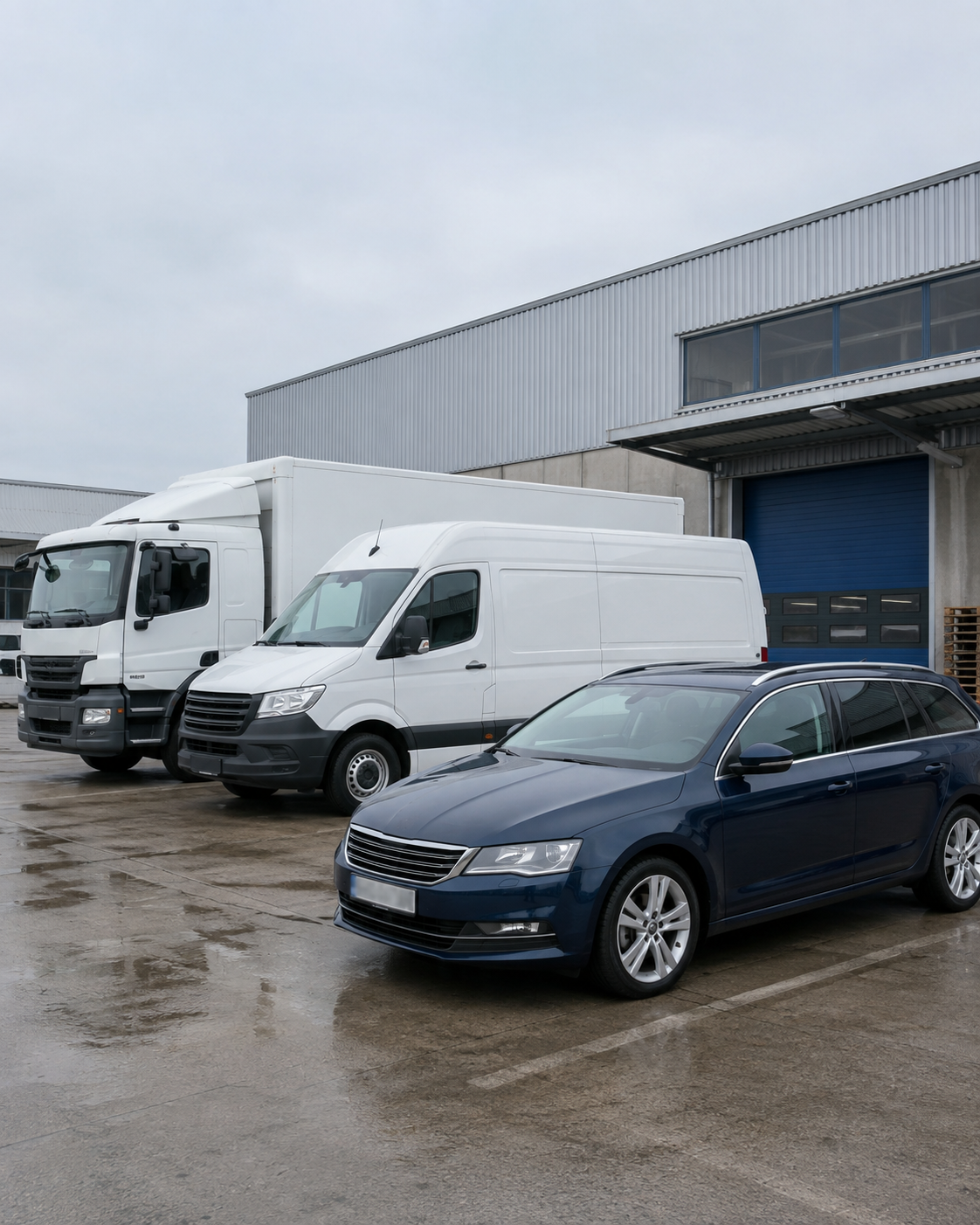 Gemischter Firmenfuhrpark mit Lkw, Transporter und Pkw vor einer Betriebshalle