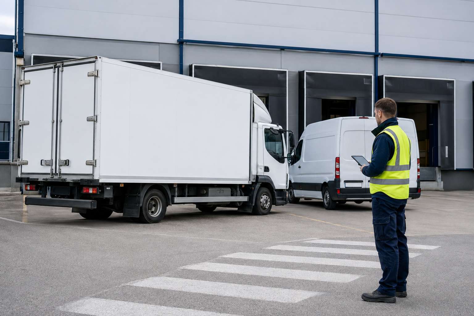 Lkw und Transporter am Logistikdepot mit Mitarbeiter bei der Fahrzeugkontrolle