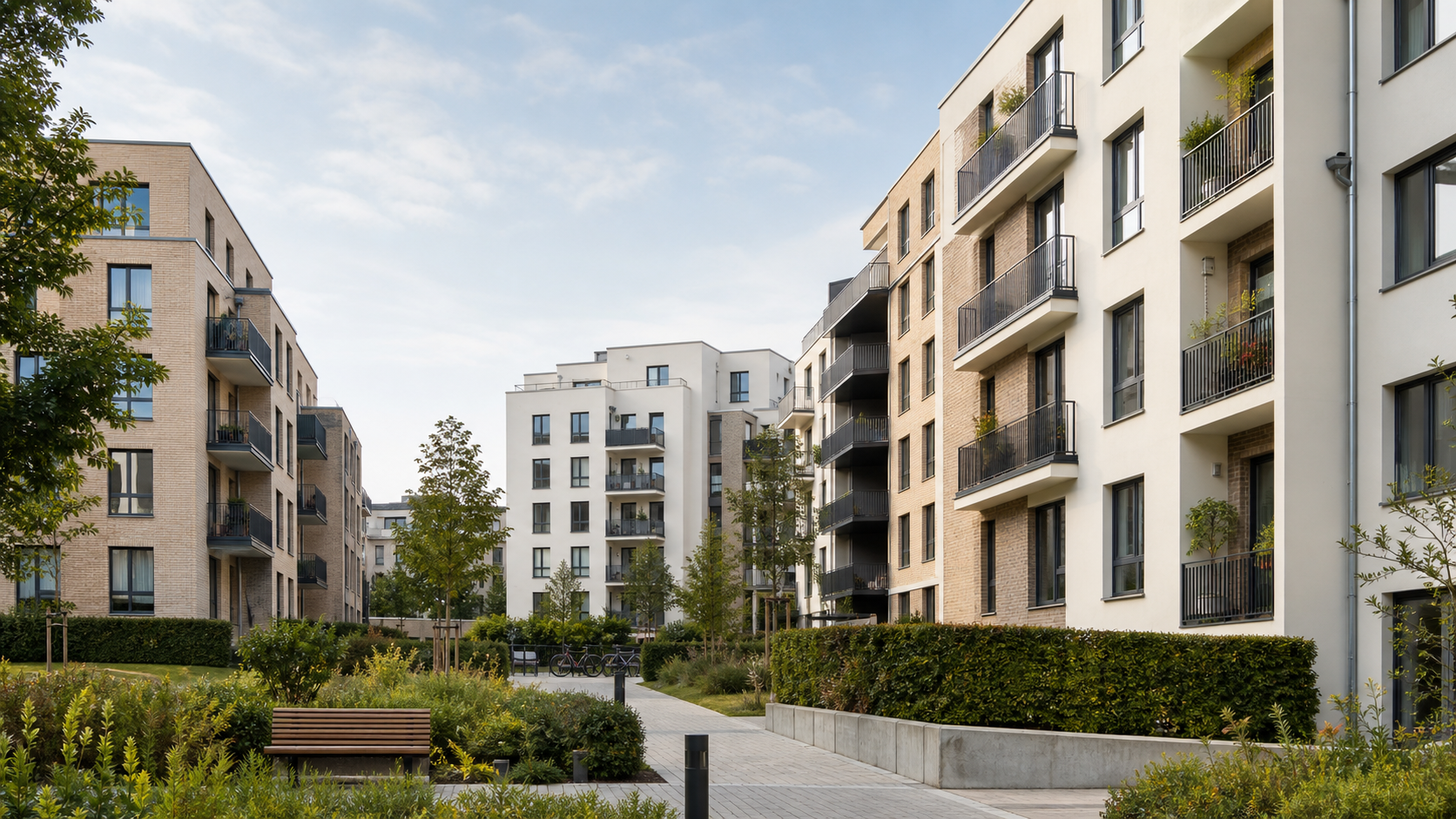 Moderne Mehrfamilienhäuser mit begrüntem Innenhof