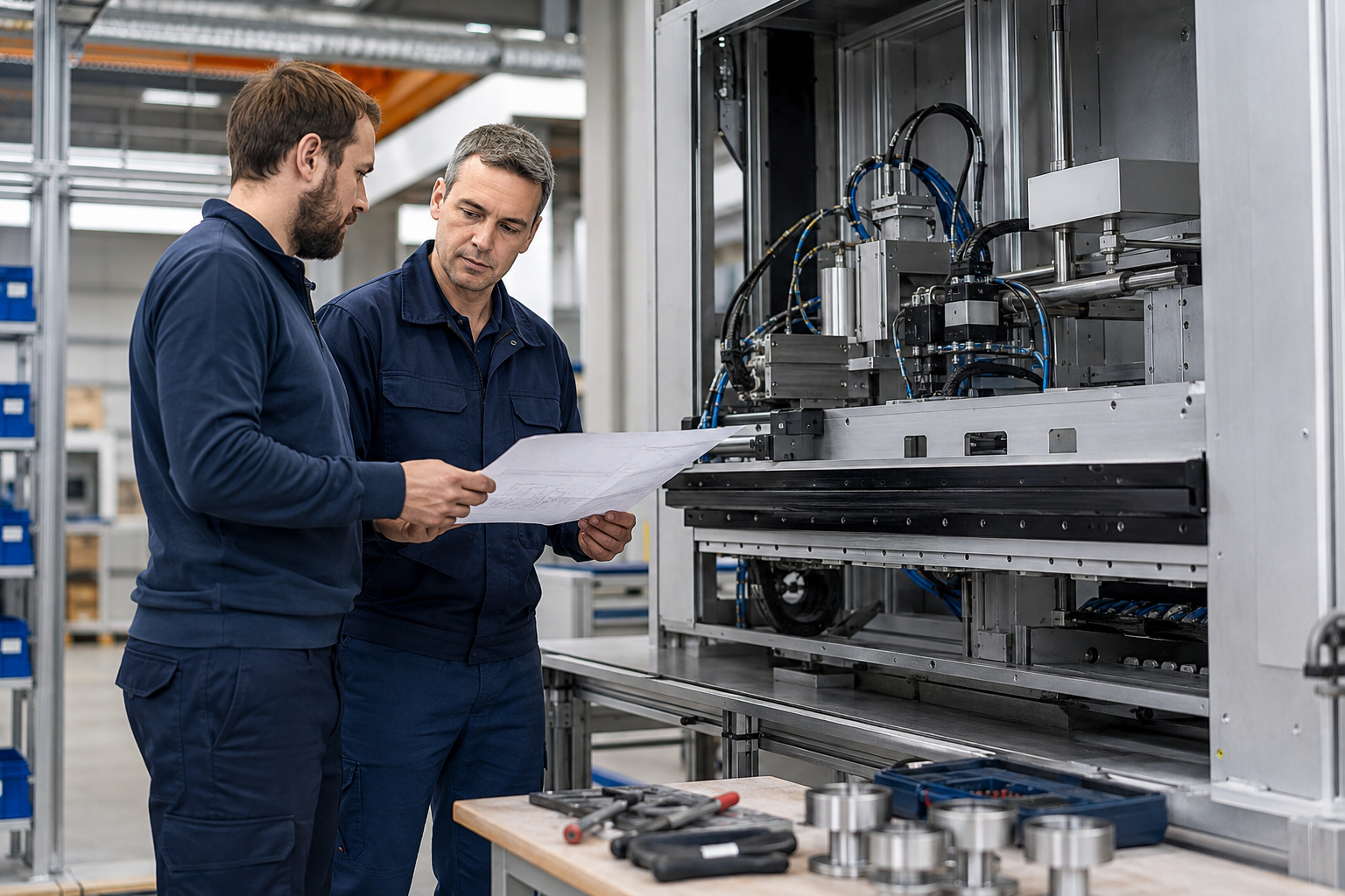 Zwei Techniker planen den Wiederanlauf einer Produktionsmaschine anhand von Unterlagen.