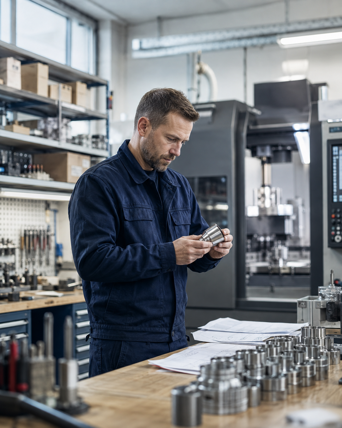 Mitarbeiter prüft ein Werkstück in einer Werkstatt mit Werkzeugen, Komponenten und einer CNC-Maschine.