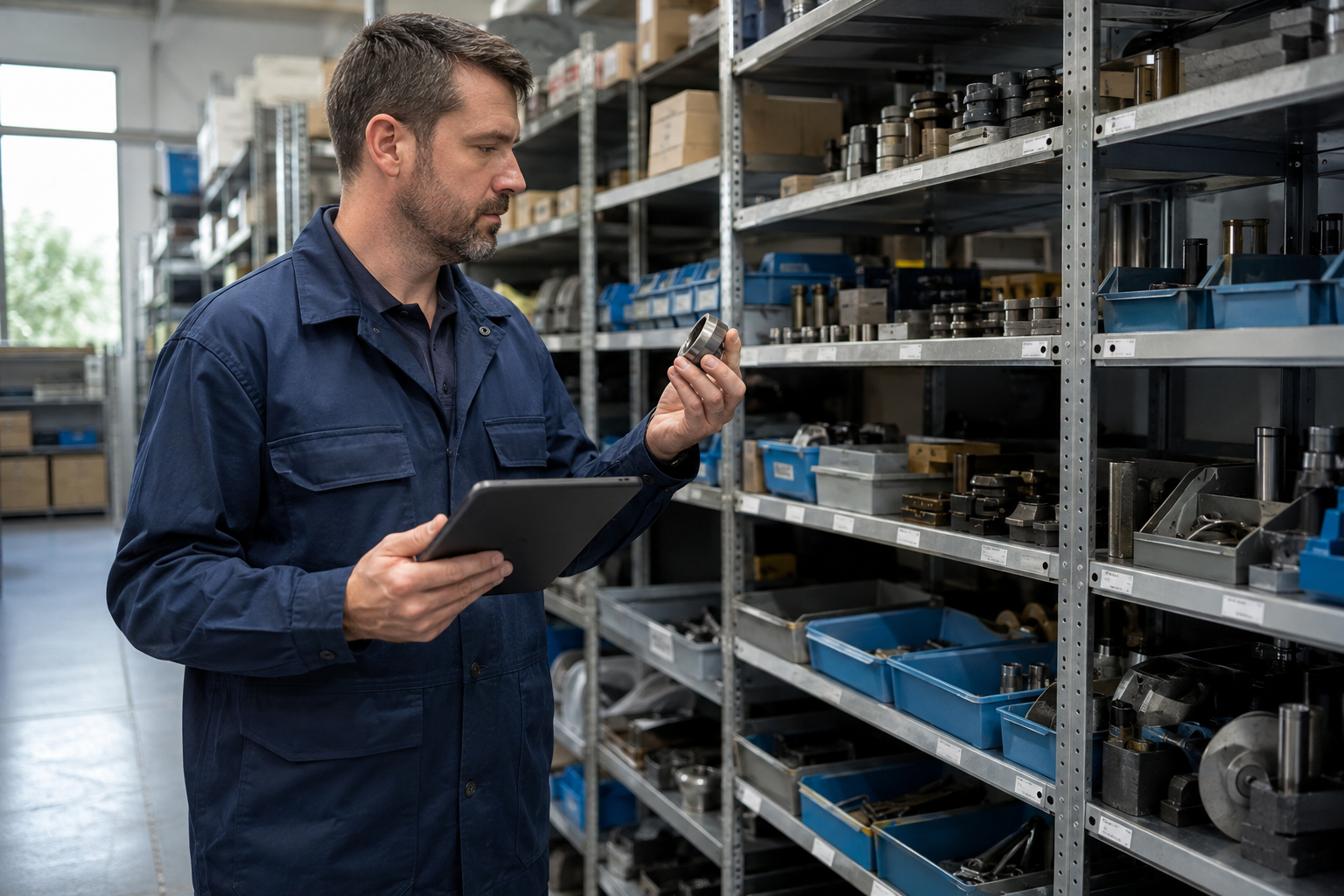 Inventaraufnahme mit Tablet im Lager eines Betriebs mit Werkzeugen und Bauteilen.