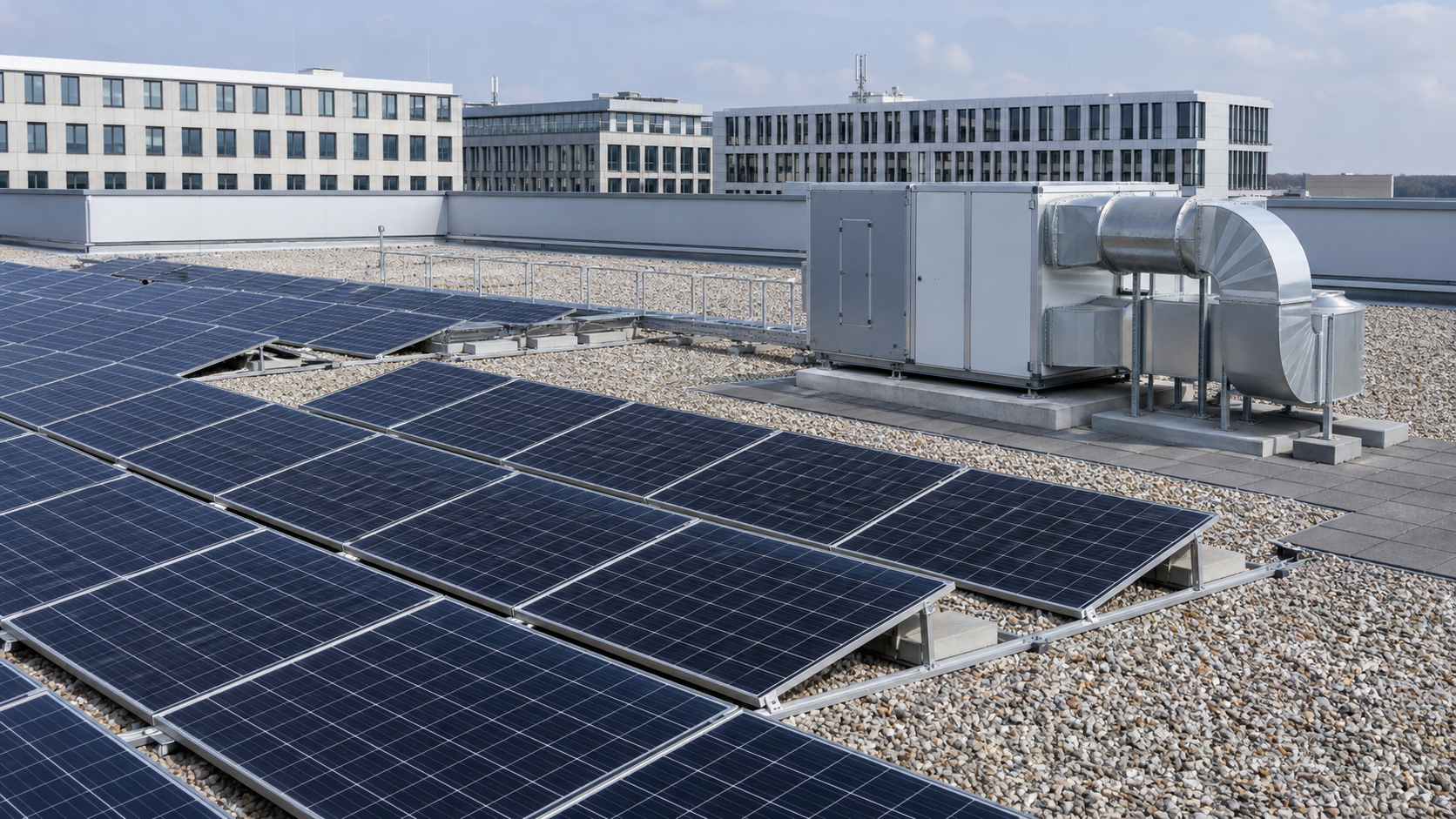 Photovoltaikanlage und Lüftungstechnik auf dem Dach eines modernen Gewerbegebäudes