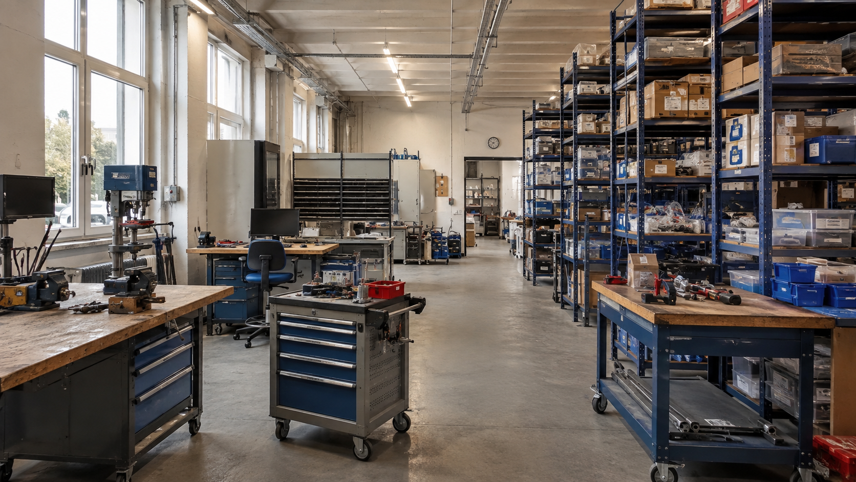 Werkstatt und Warenlager mit Regalen, Werkbänken, Werkzeugwagen und betrieblichem Inventar