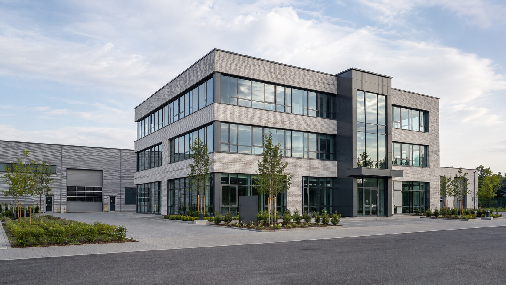 Modernes Bürogebäude mit angrenzender Gewerbehalle und begrüntem Eingangsbereich