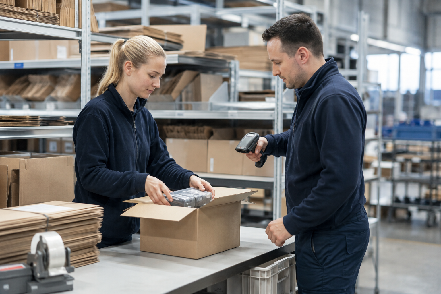 Mitarbeitende verpacken und scannen Waren an einer Fulfillment-Station