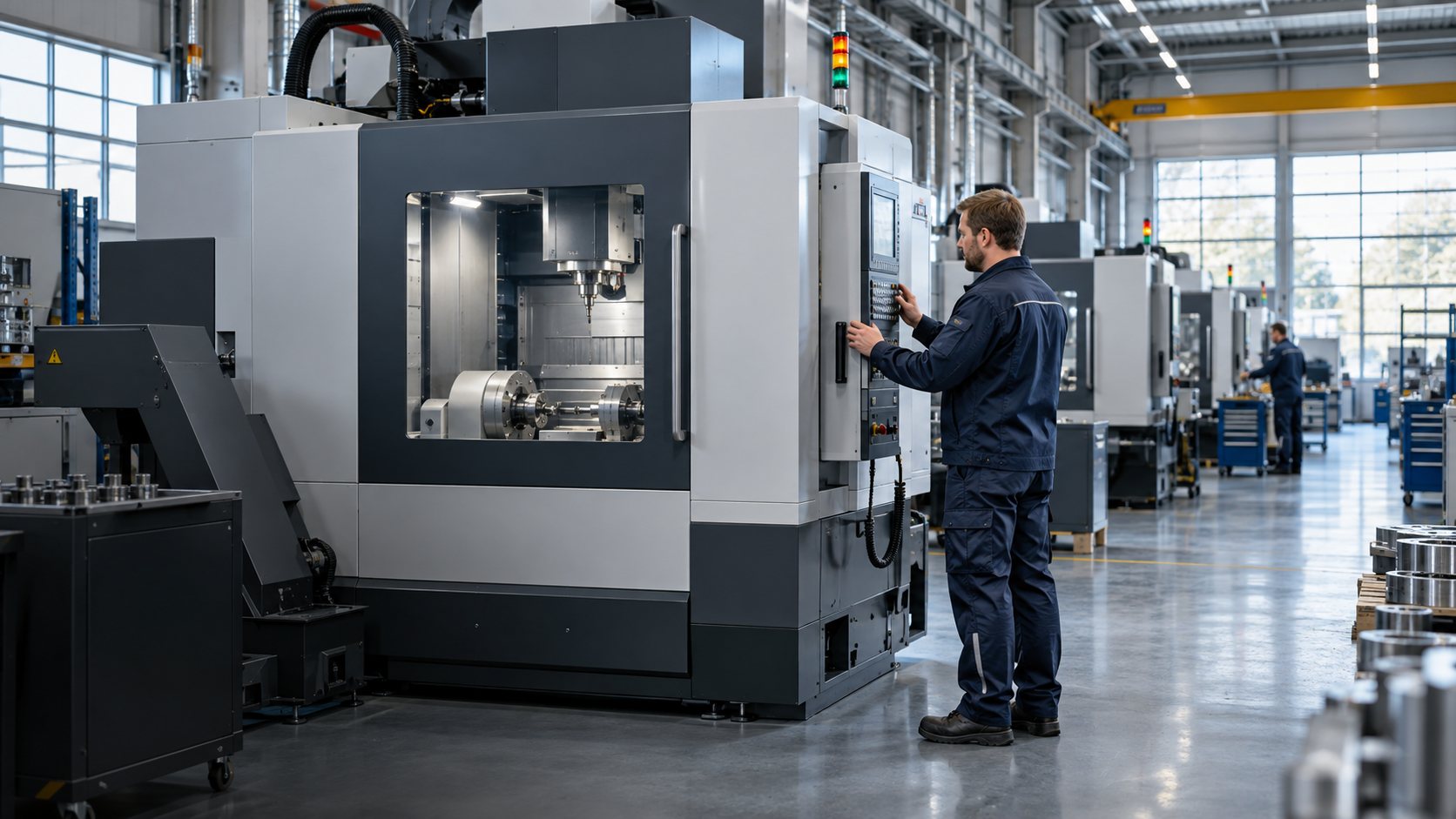 Techniker prüft eine CNC-Maschine in einer Produktionshalle