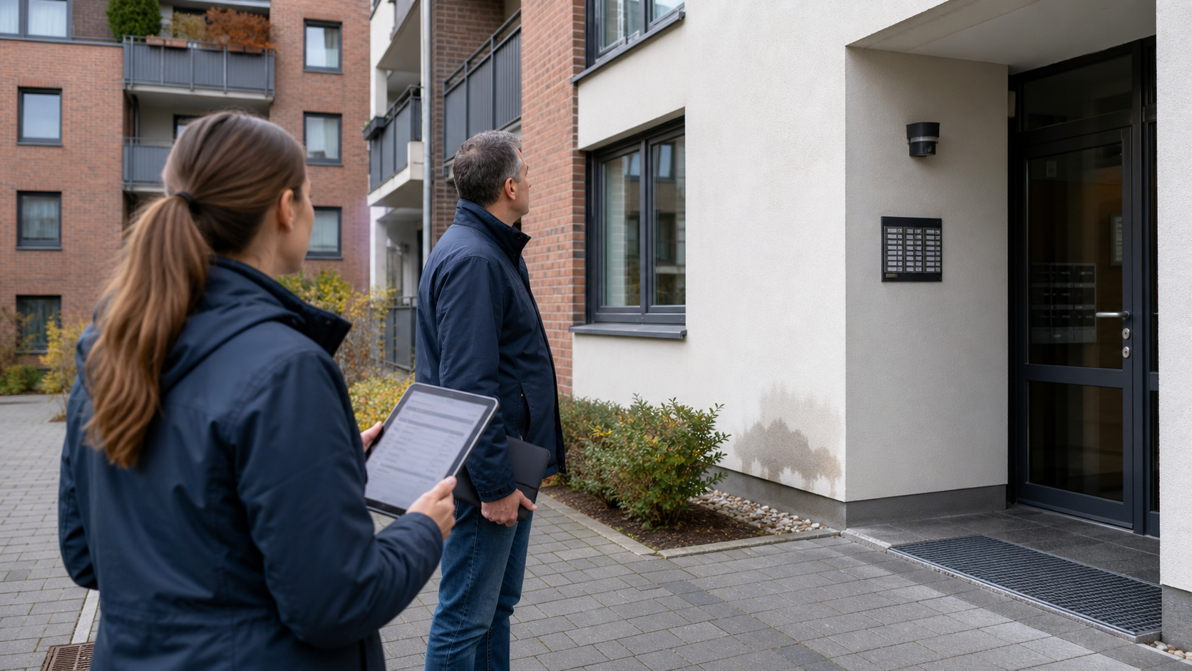 Zwei Fachleute dokumentieren mit einem Tablet einen Schaden am Mehrfamilienhaus