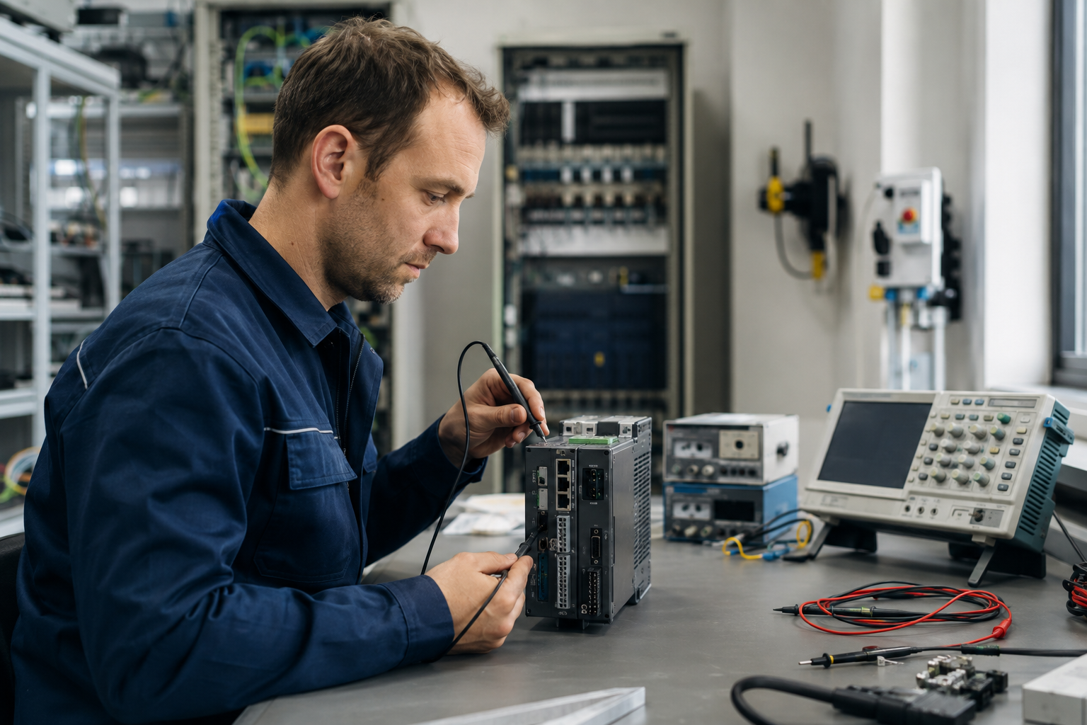 Techniker prüft ein elektronisches Steuergerät am Messplatz