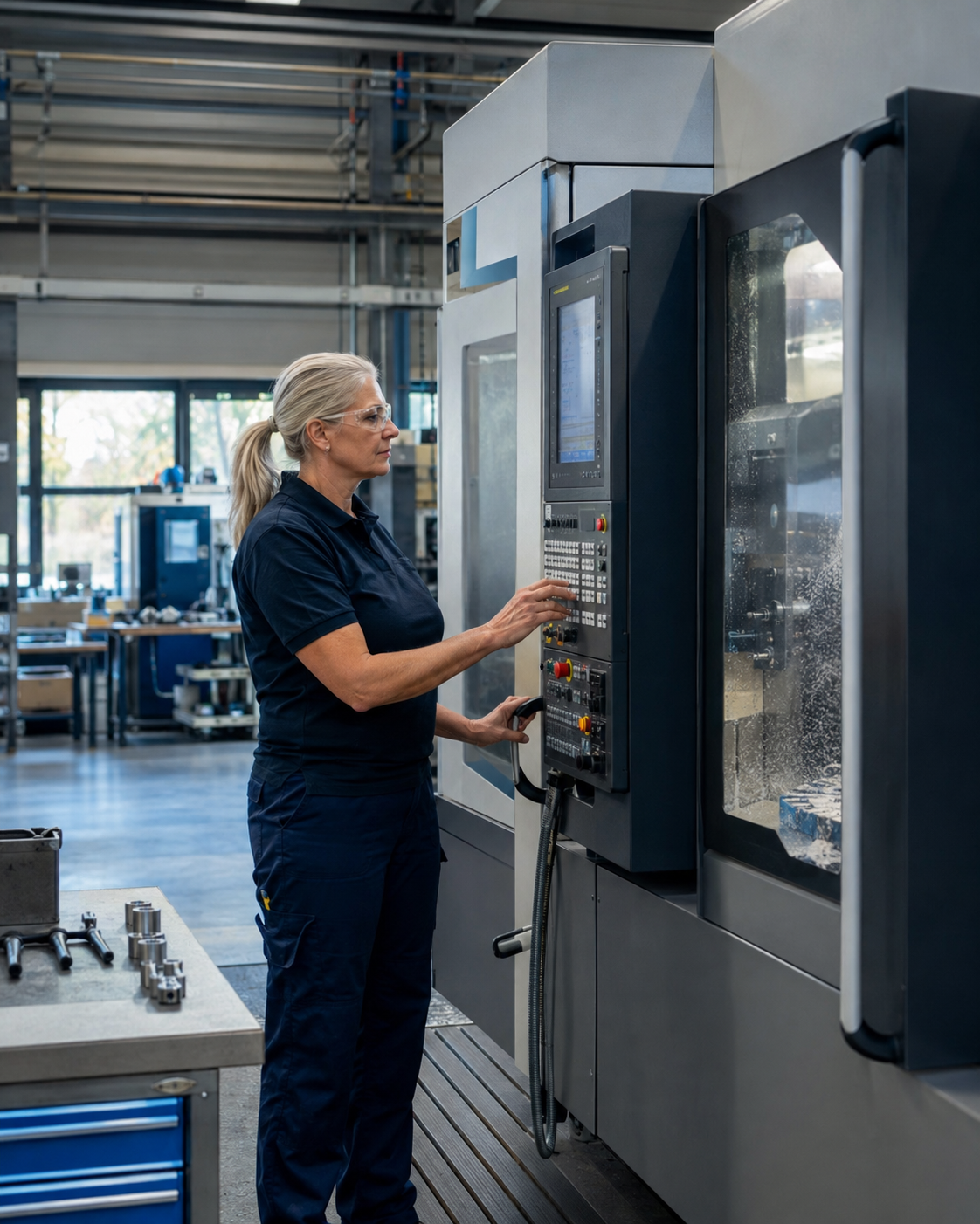 Maschinenbedienerin am Steuerpanel einer CNC-Produktionsanlage