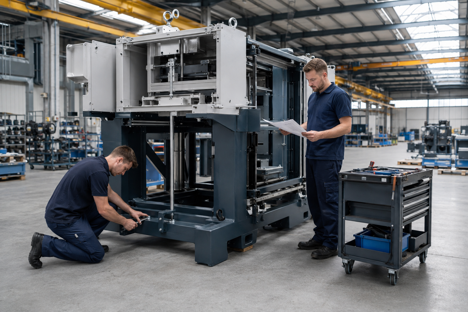 Zwei Fachkräfte montieren eine industrielle Anlage in einer Werkhalle