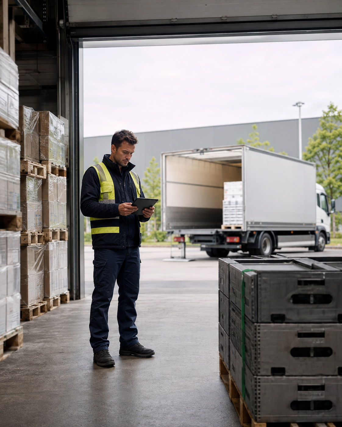Logistikmitarbeiter an einer Verladerampe mit Lkw im Hintergrund