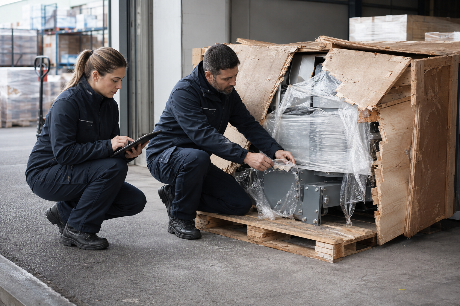 Fachleute dokumentieren beschädigte Transportverpackung in einem Lager