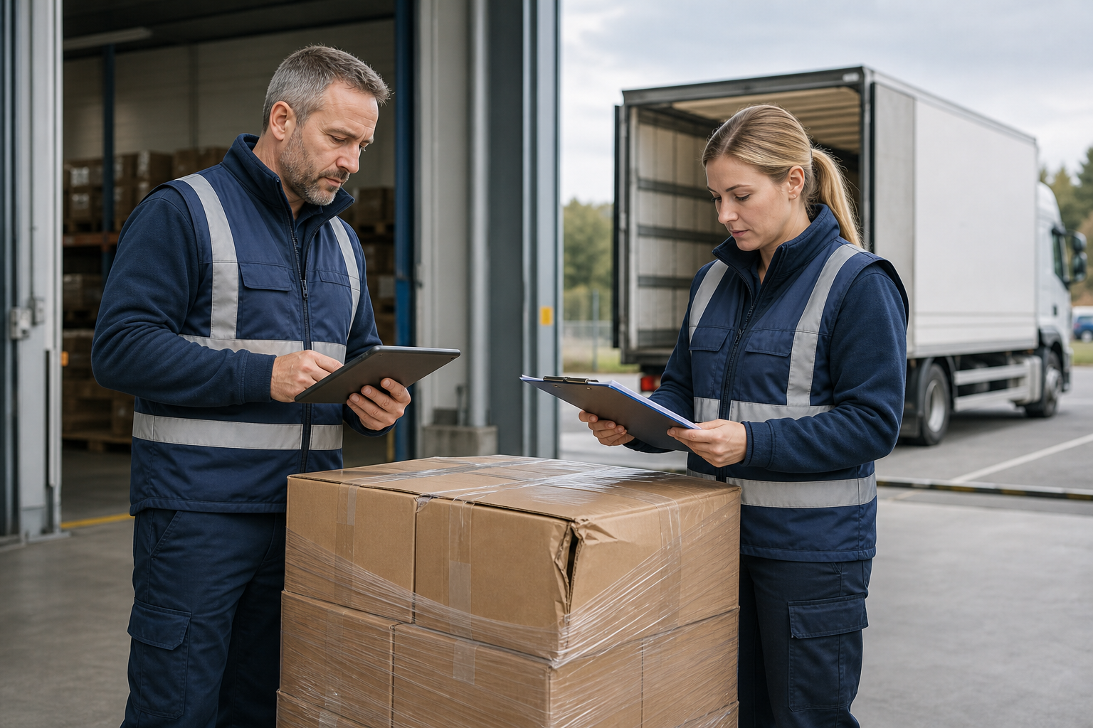 Logistikmitarbeitende dokumentieren einen Güterschaden mit Tablet und Frachtpapieren.