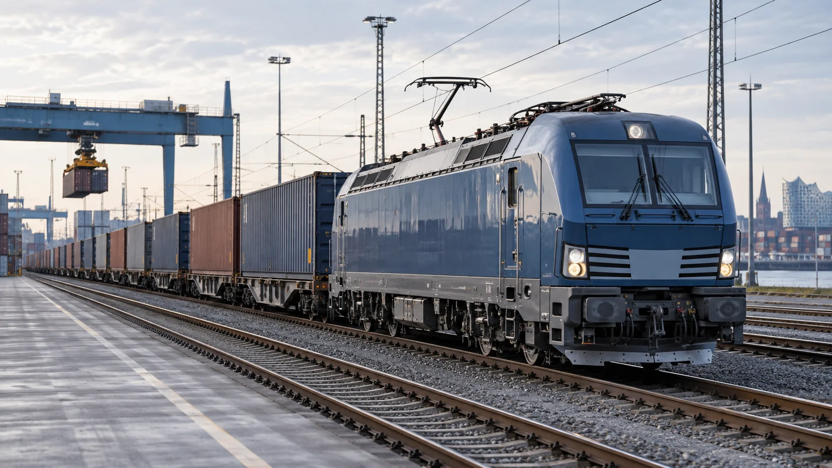 Güterlokomotive mit Containerwagen in einem Hafenterminal