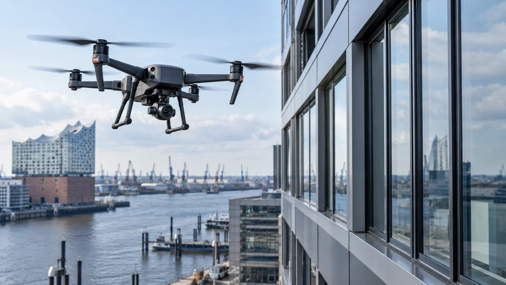 Gewerbliche Inspektionsdrohne vor einem modernen Gebäude am Hamburger Hafen