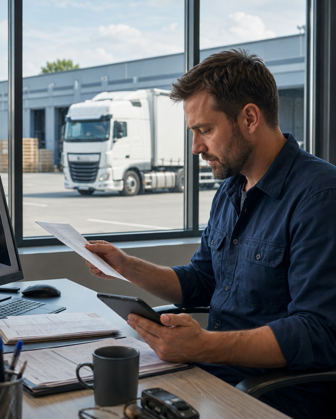 Disponent prüft Frachtunterlagen und Tablet vor einem Lkw am Logistikzentrum.
