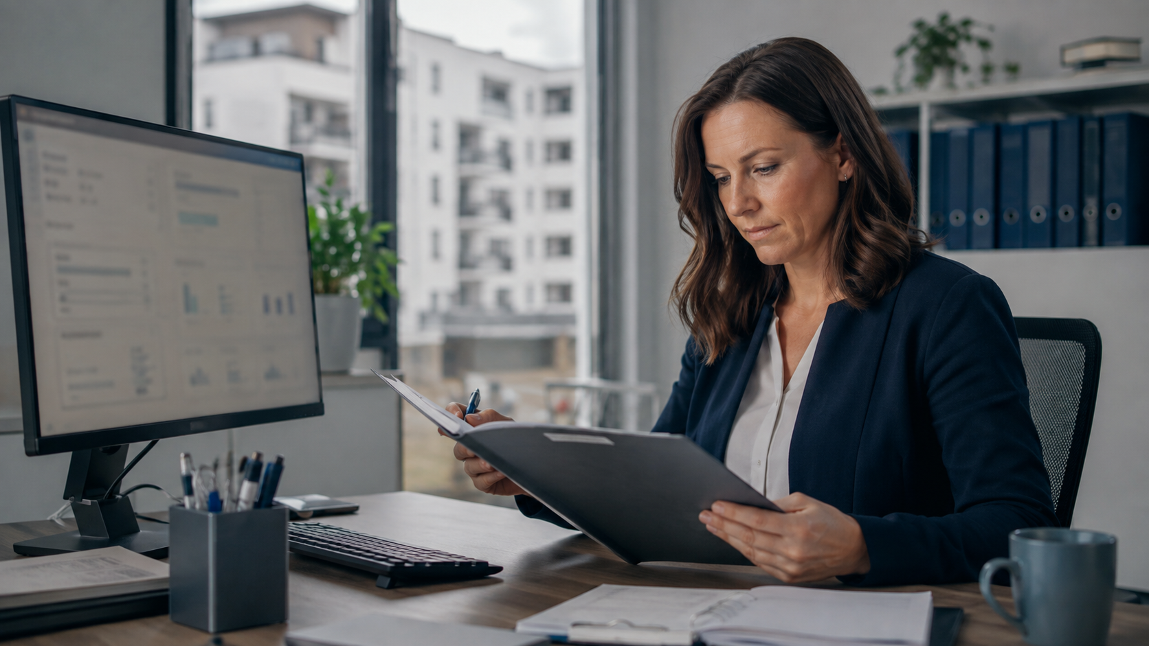 Hausverwalterin prüft Objektunterlagen an einem digitalen Arbeitsplatz