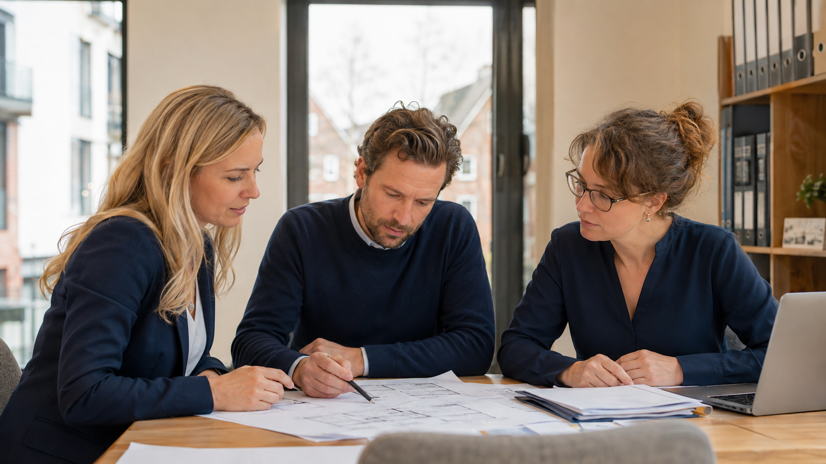 Drei Fachleute einer Hausverwaltung besprechen Objektunterlagen und Gebäudepläne