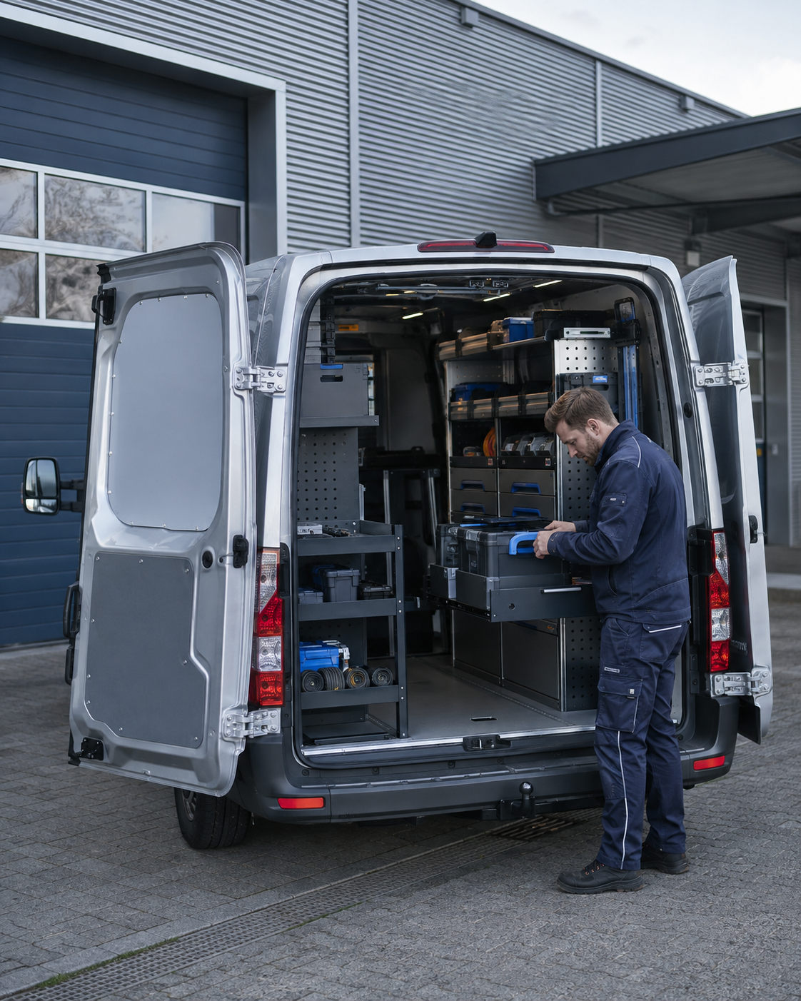 Techniker prüft Werkzeugkoffer im geordneten Laderaum eines Service-Transporters