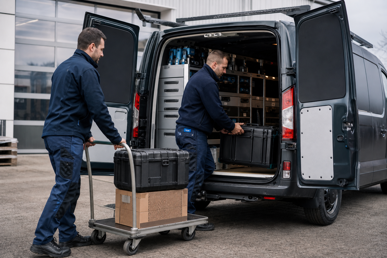 Zwei Techniker verladen Werkzeugkoffer und Material in einen Service-Transporter