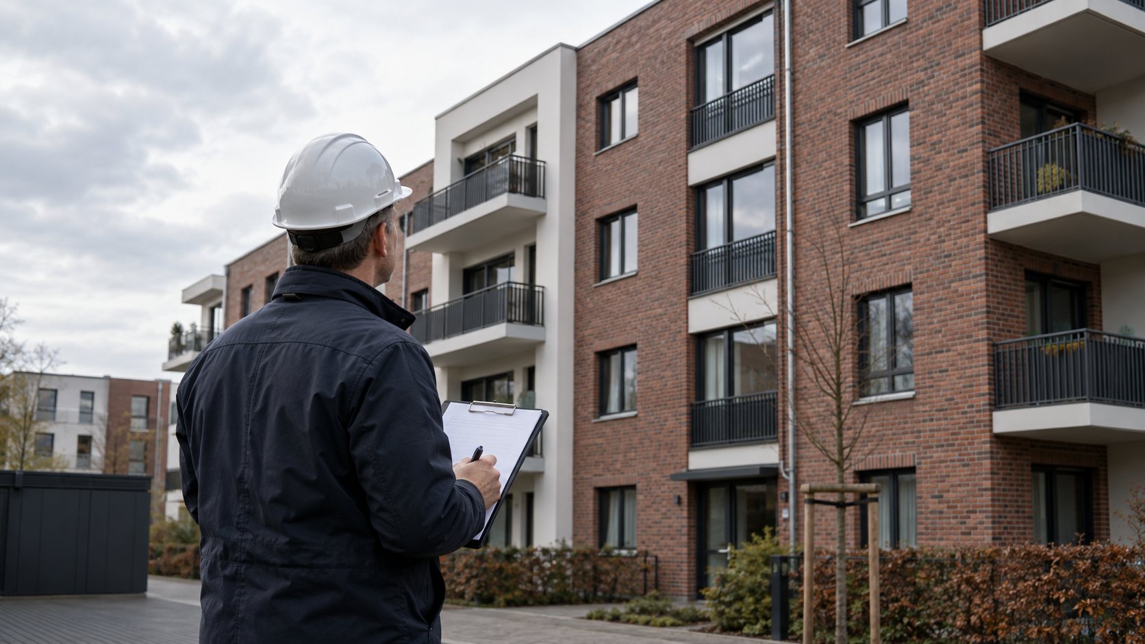Sachverständiger begutachtet ein Mehrfamilienhaus zur Wohngebäudeversicherung